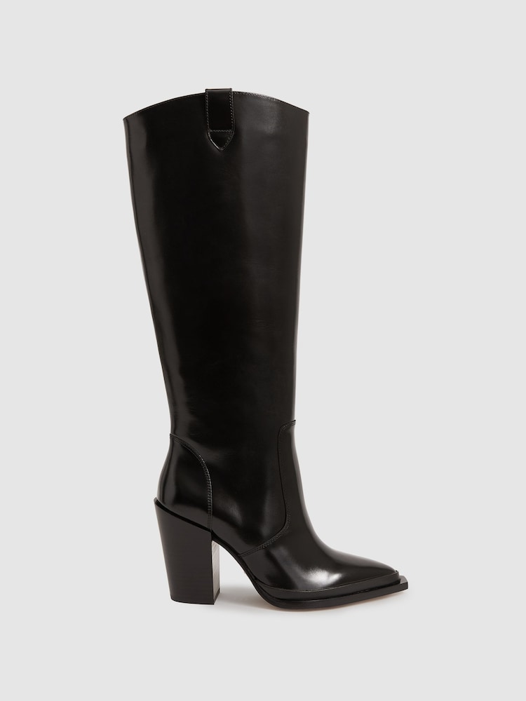 reiss Paige Leather Knee-High Block-Heel Boots in Black