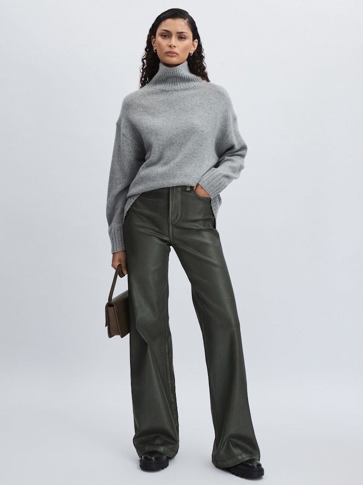 reiss Paige Leather-Look Wide-Leg Jeans in Dark Green