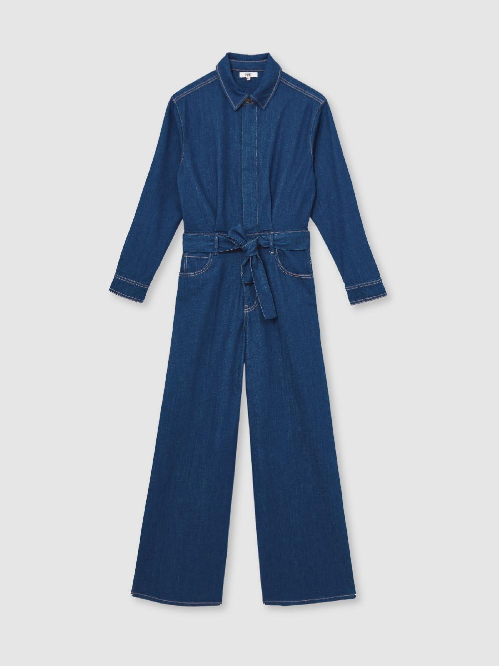 Reiss Paige Maraya Blue Wide Leg Belted Denim Jumpsuit In Maraya Blue