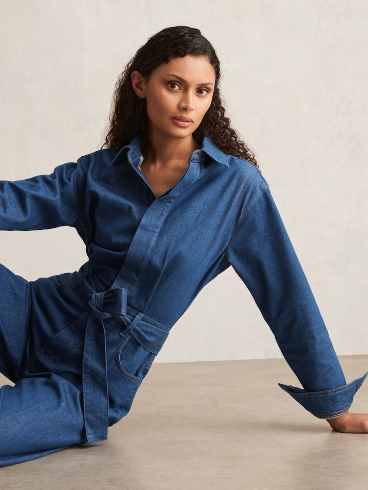 reiss Paige Maraya Blue Wide Leg Belted Denim Jumpsuit in Maraya Blue