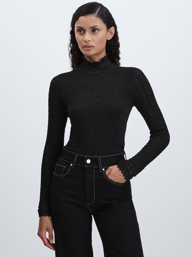 reiss Paige Metallic Thread Pointelle Stitch Top in Black