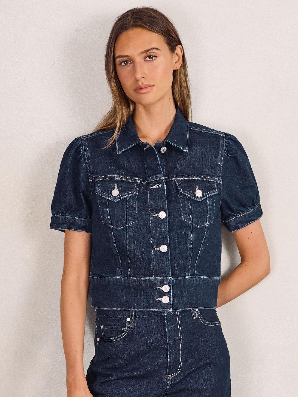 Reiss Paige Puff-Sleeve Short Denim Jacket In Emberlynn Blue