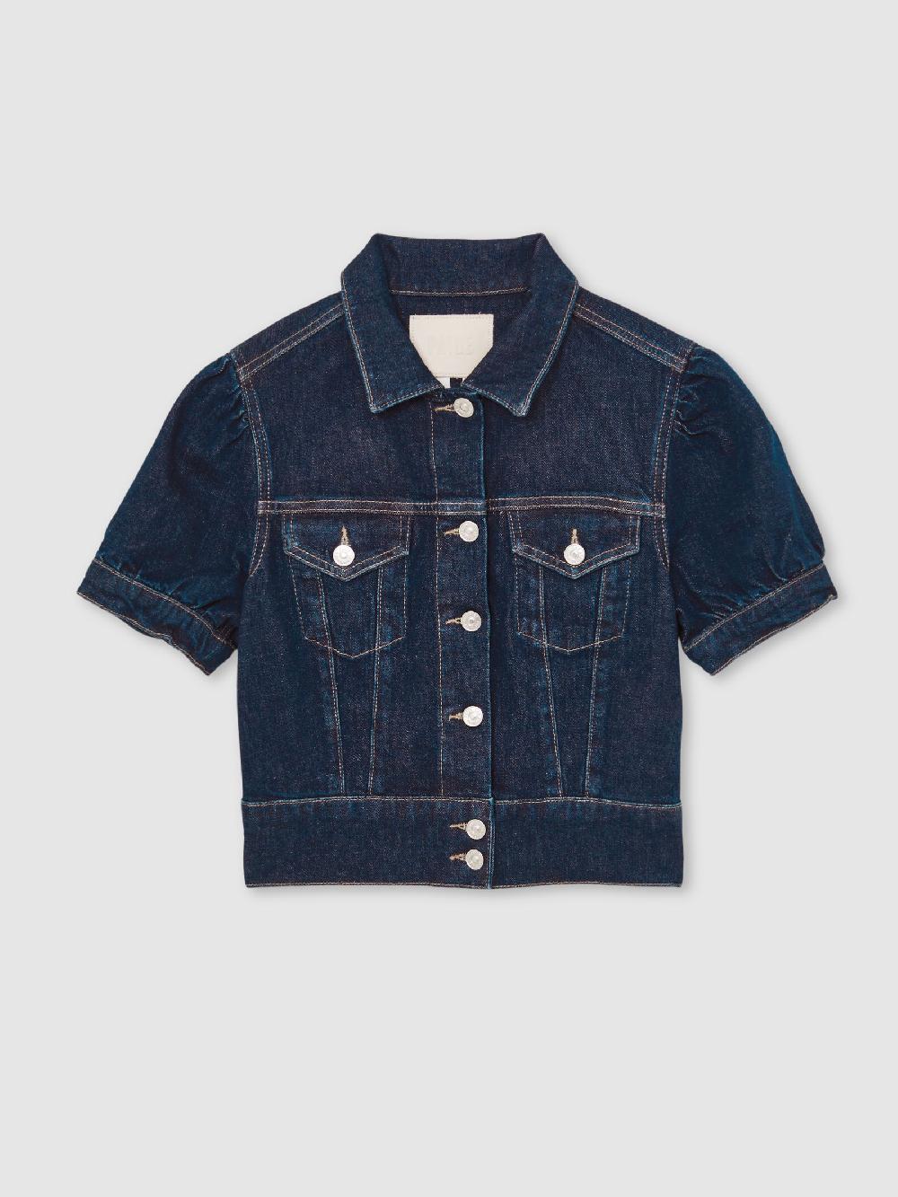 Reiss Paige Puff-Sleeve Short Denim Jacket In Emberlynn Blue