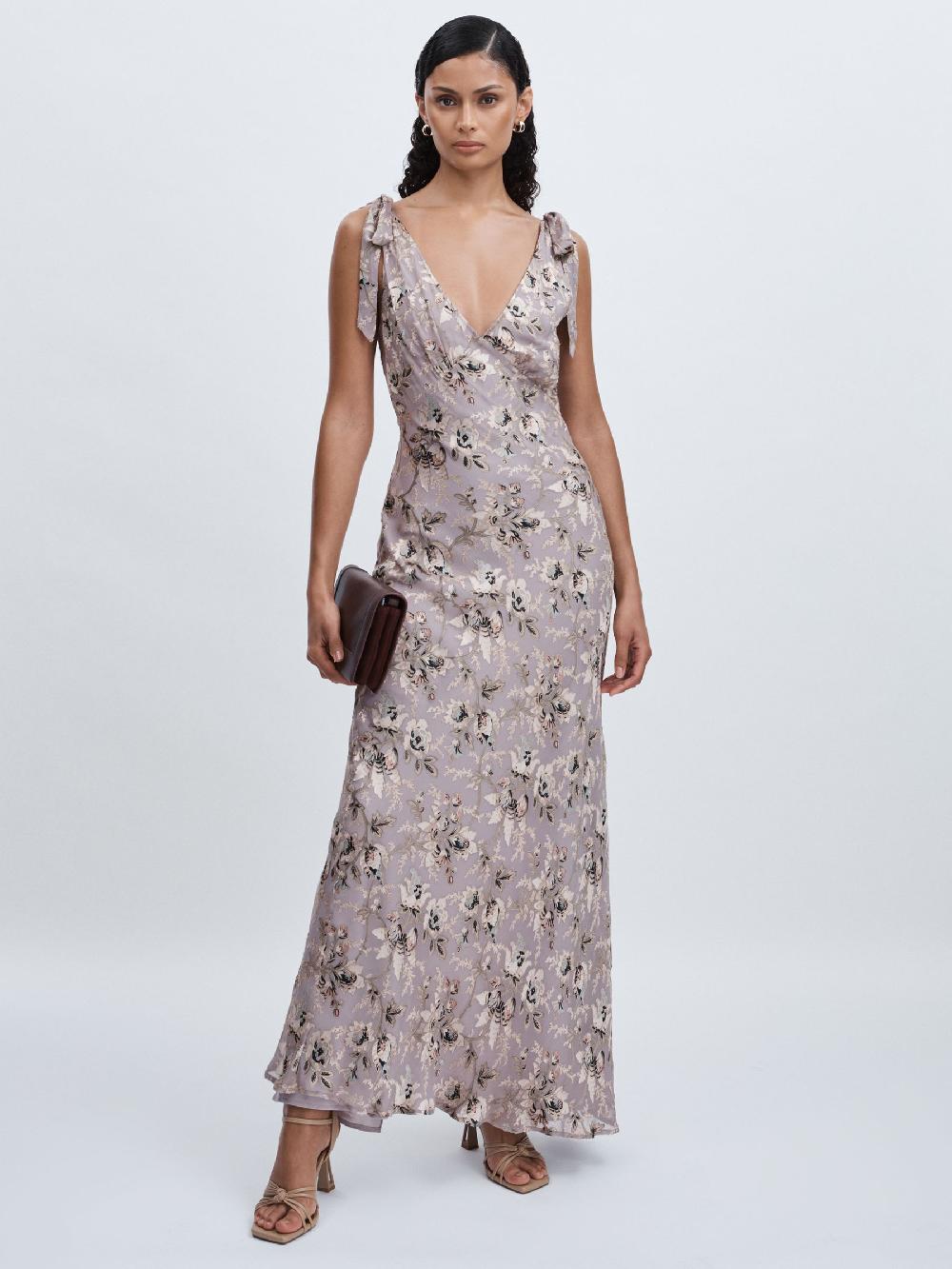 Reiss Paige Satin Floral Maxi Dress With Silk In Pewter Multi