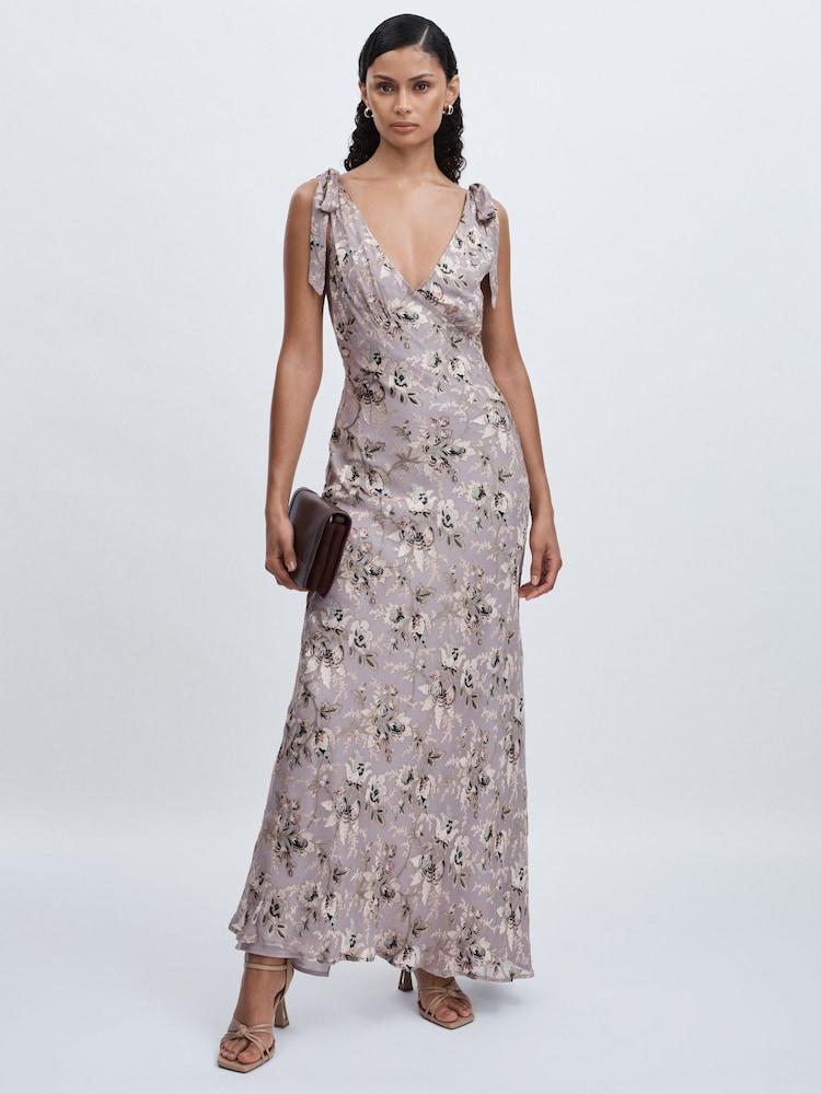 reiss Paige Satin Floral Maxi Dress With Silk in Pewter Multi