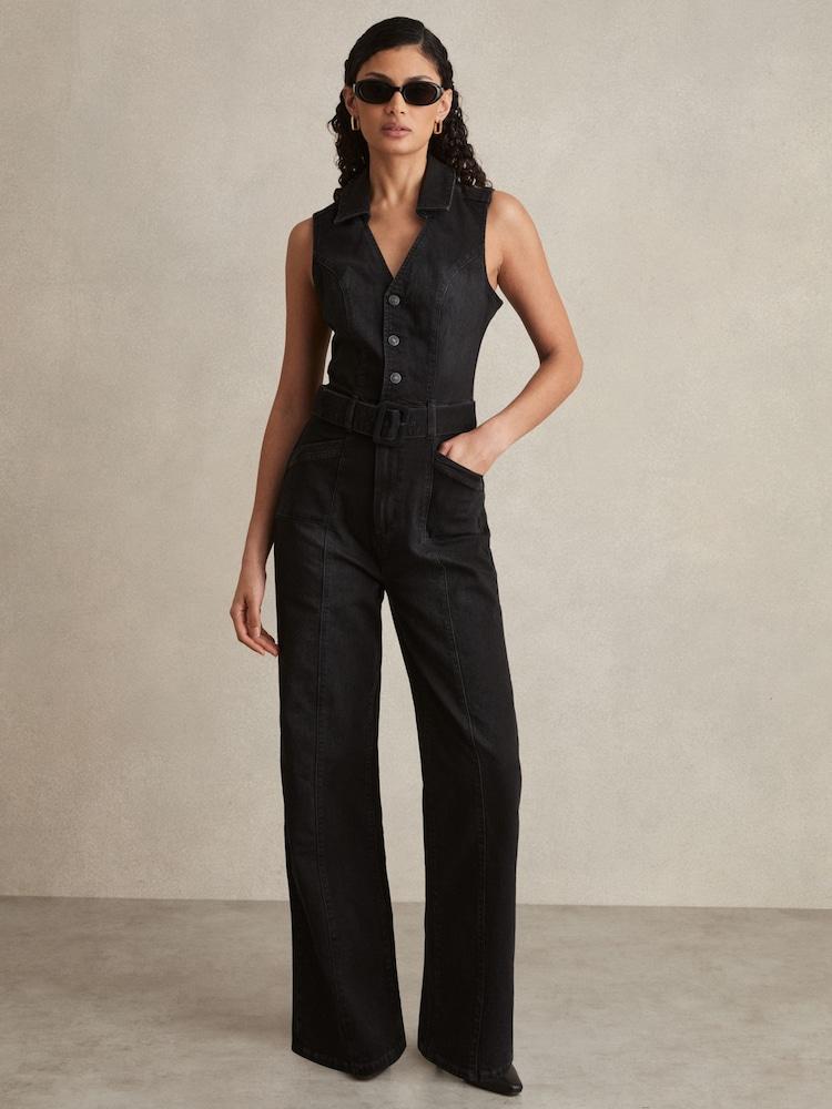 reiss Paige Sleeveless Denim Jumpsuit in Washed Black