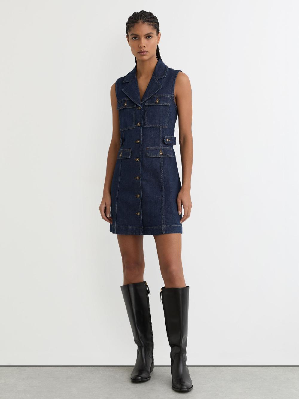 Reiss Paige Sleeveless Denim Mini Dress In Dark Blue