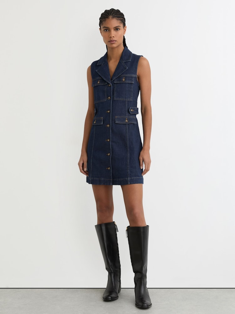 reiss Paige Sleeveless Denim Mini Dress in Dark Blue