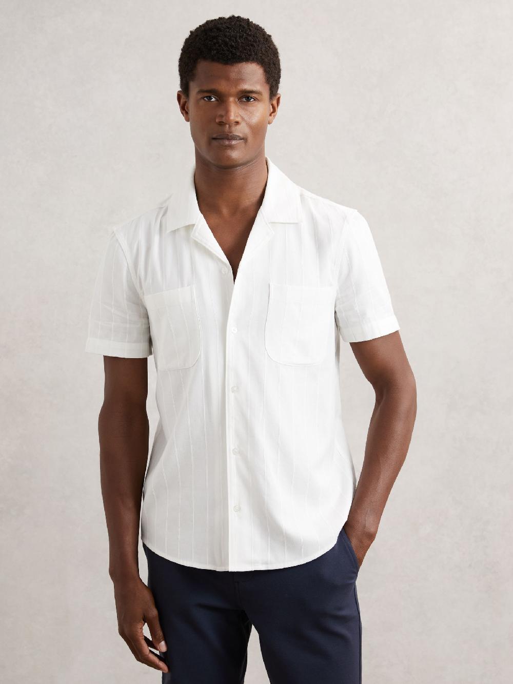 Reiss Paige Tonal-Stripe Cuban-Collar Shirt In Ivory