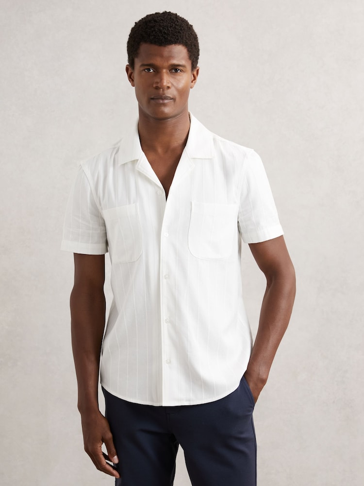 reiss Paige Tonal-Stripe Cuban-Collar Shirt in Ivory