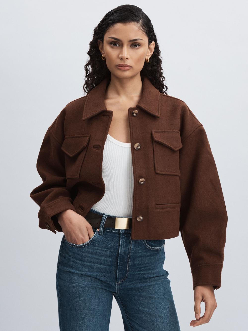 Reiss Paige Wool-Blend Cropped Jacket In Dark Brown