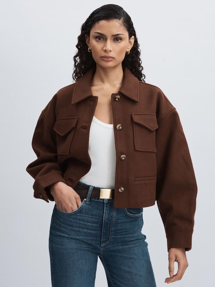 reiss Paige Wool-Blend Cropped Jacket in Dark Brown
