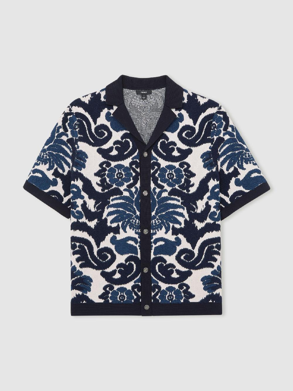 Reiss Paisley Jacquard Knit Shirt In Navy Blue/White