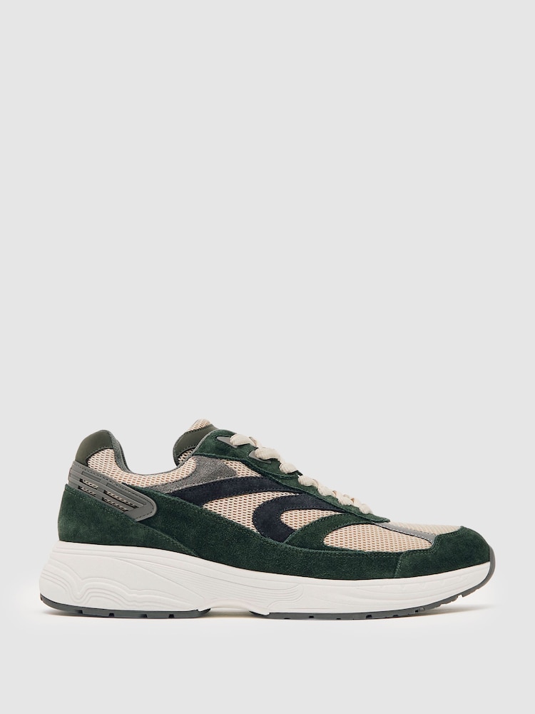 reiss Panelled Running Trainers in Forest Green/Stone