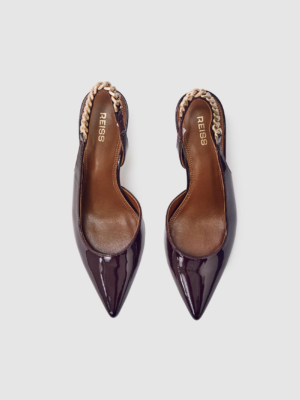 Reiss Patent-Leather Chain-Slingback Heels In Burgundy