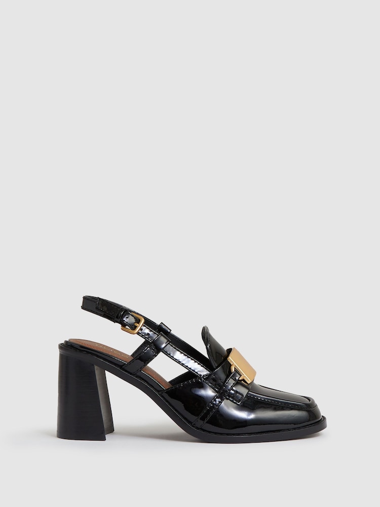 reiss Patent Leather Slingback Heeled Loafers in Black