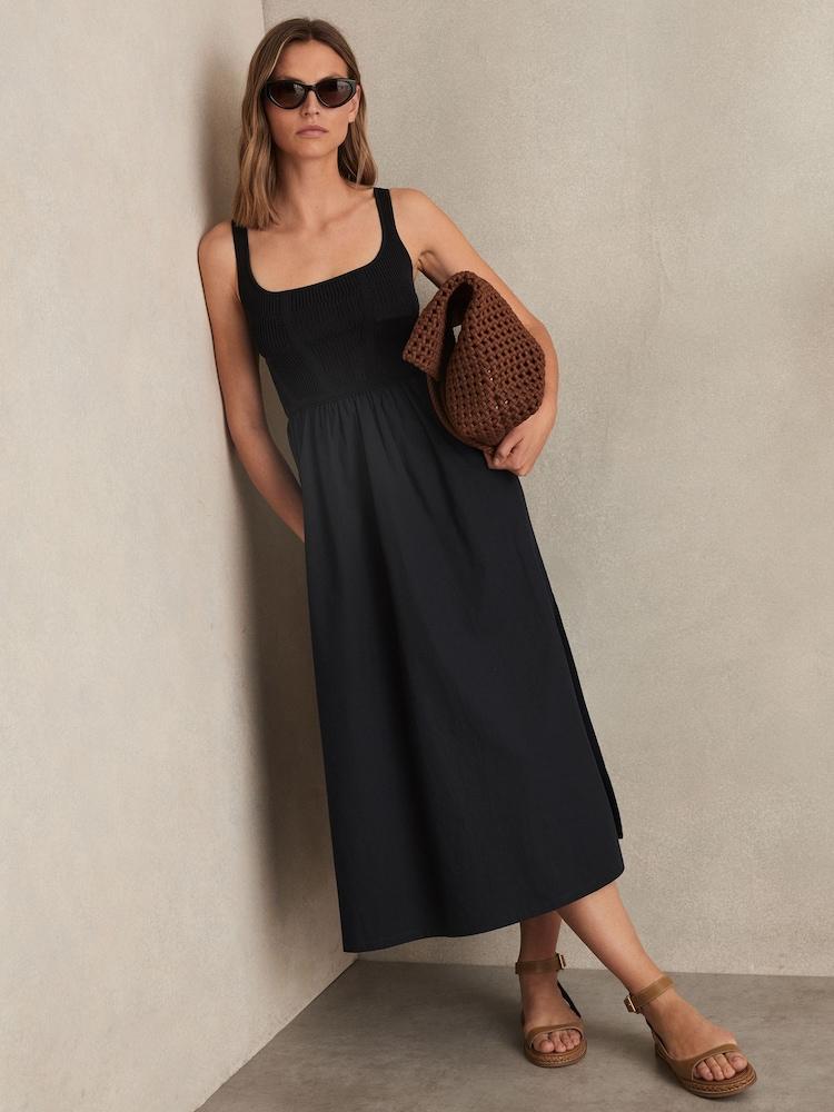 reiss Perforated-Knit Cotton-Skirt Midi Dress in Navy