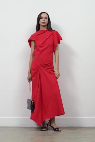 Reiss Petite Asymmetric Draped Midi Dress In Orange