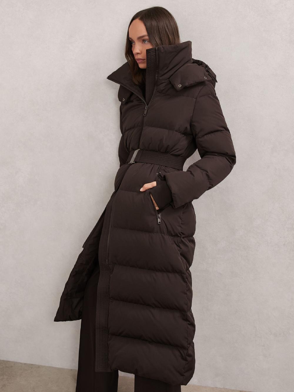 Reiss Petite Belted Longline Hooded Puffer Coat In Chocolate Brown