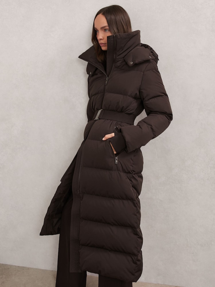 reiss Petite Belted Longline Hooded Puffer Coat in Chocolate Brown