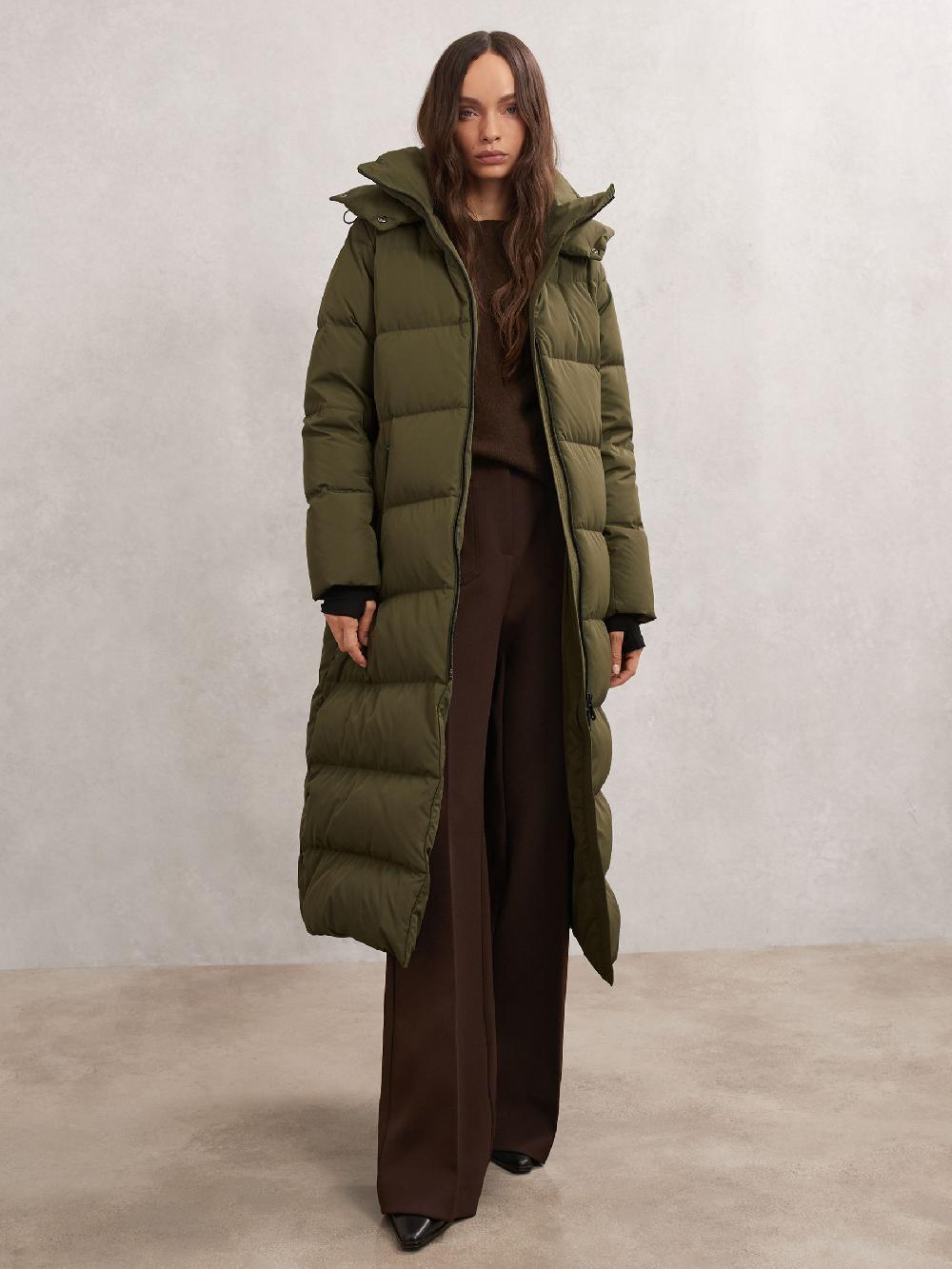 Reiss Petite Belted Longline Hooded Puffer Coat In Khaki