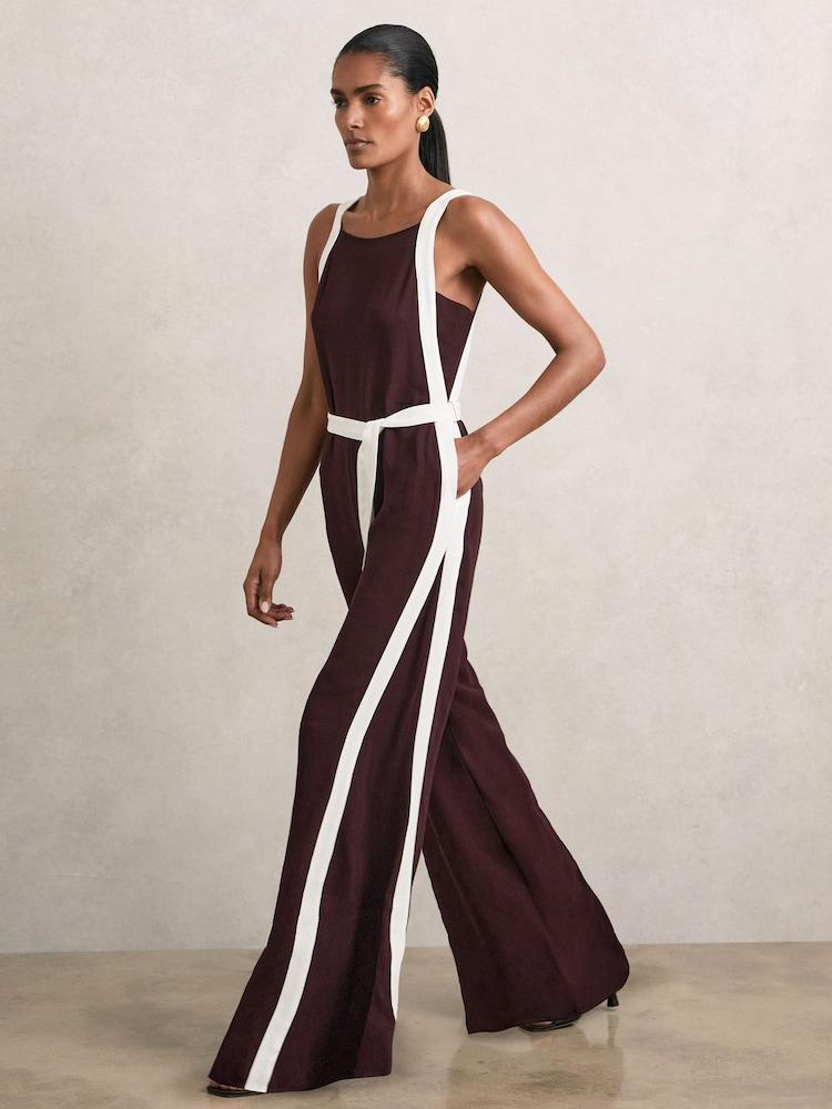 reiss Petite Colourblock Wide Leg Belted Jumpsuit in Burgundy/Cream