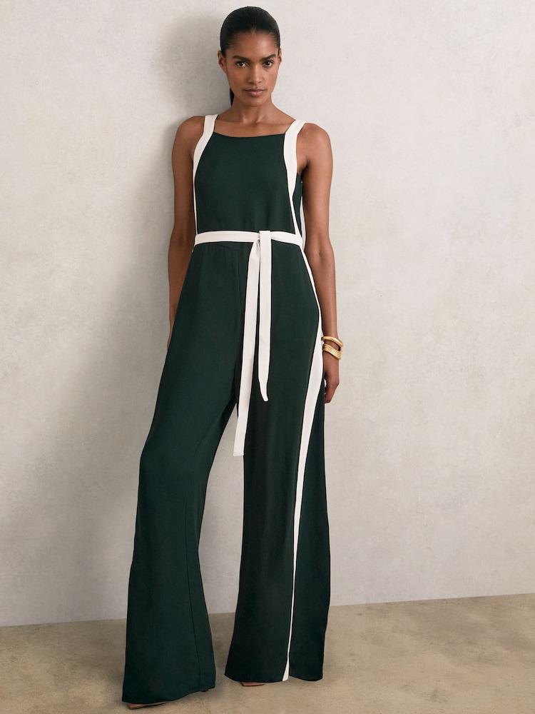 reiss Petite Colourblock Wide Leg Belted Jumpsuit in Dark Green/Cream