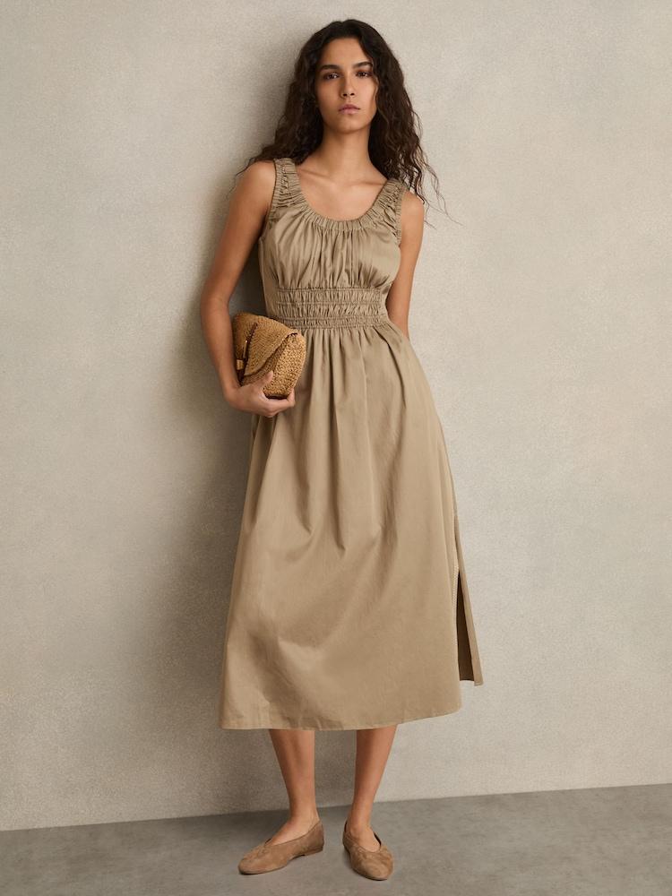 reiss Petite Cotton Craft-Stitch Shirred Midi Dress in Khaki