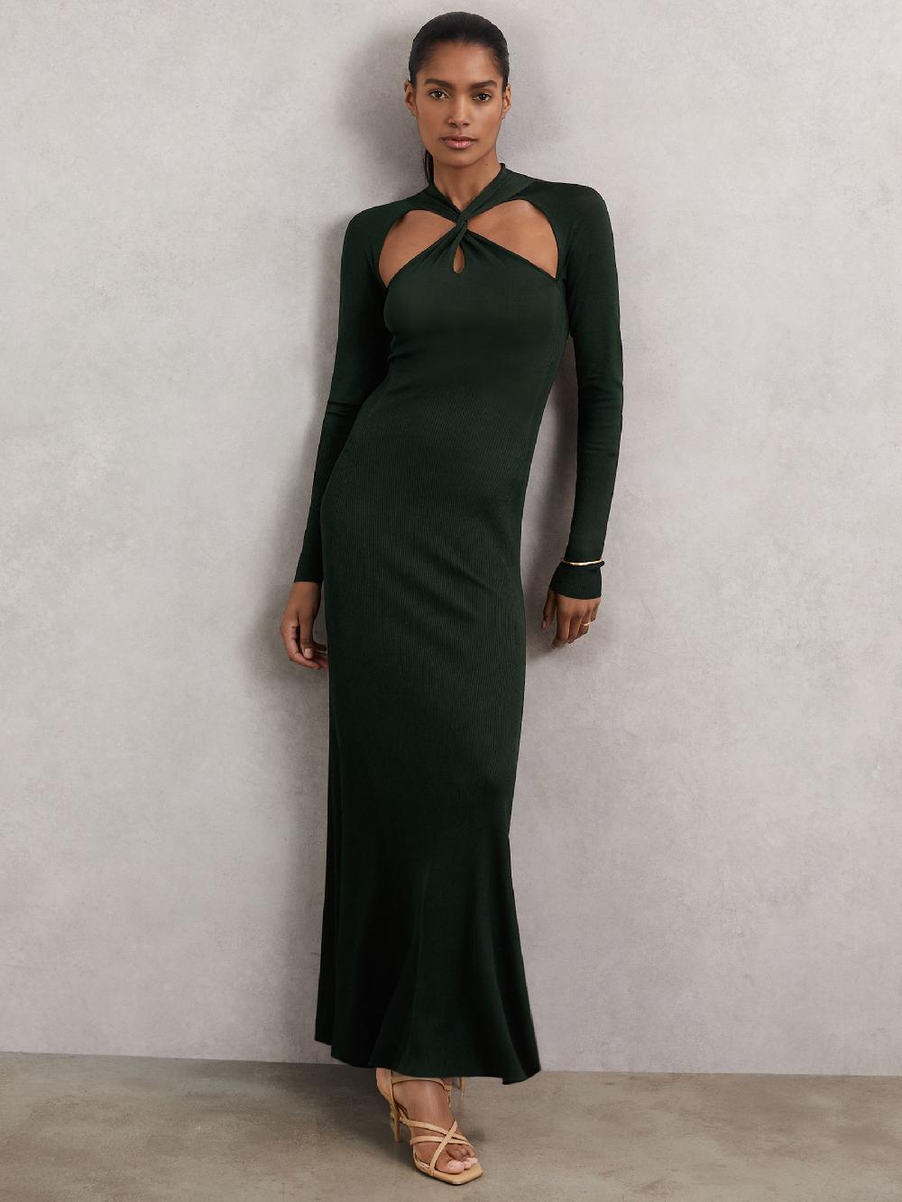 Reiss Petite Cut-Out Knitted Maxi Dress In Dark Green