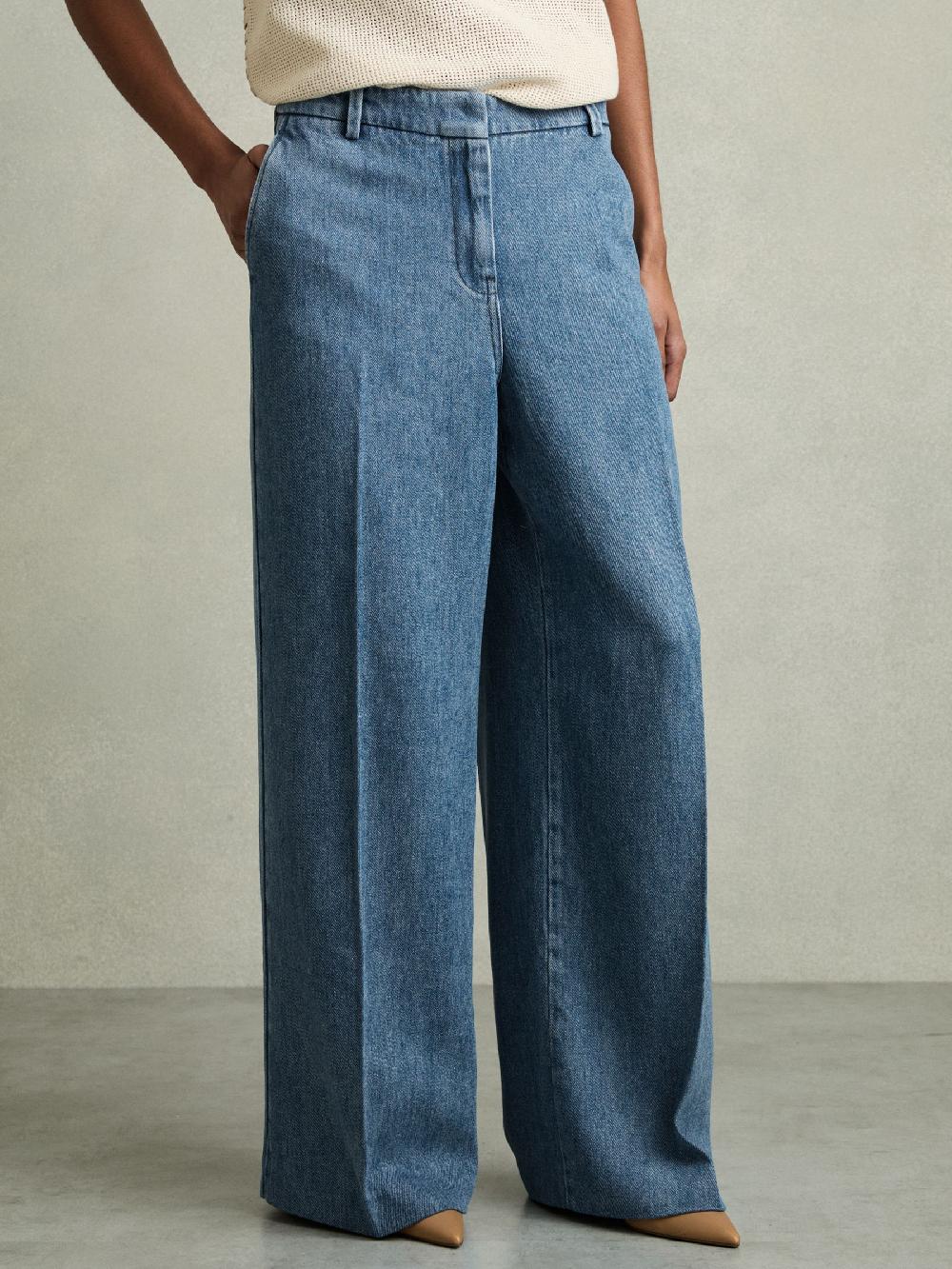 Reiss Petite Denim-Look Wide-Leg Trousers In Mid Blue