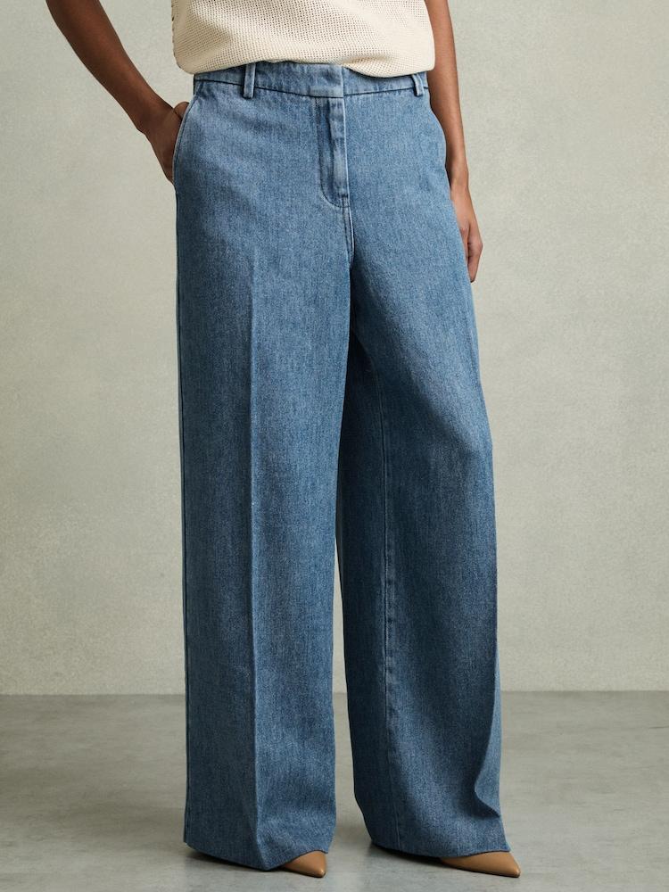 reiss Petite Denim-Look Wide-Leg Trousers in Mid Blue