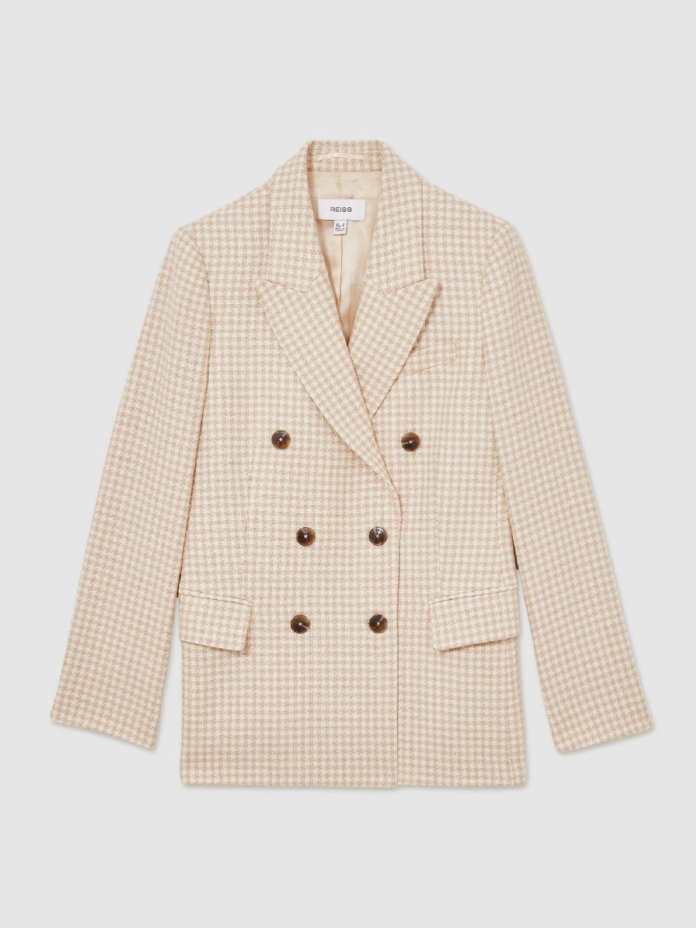 Reiss Petite Double Breasted Check Blazer With Wool In Neutral Check
