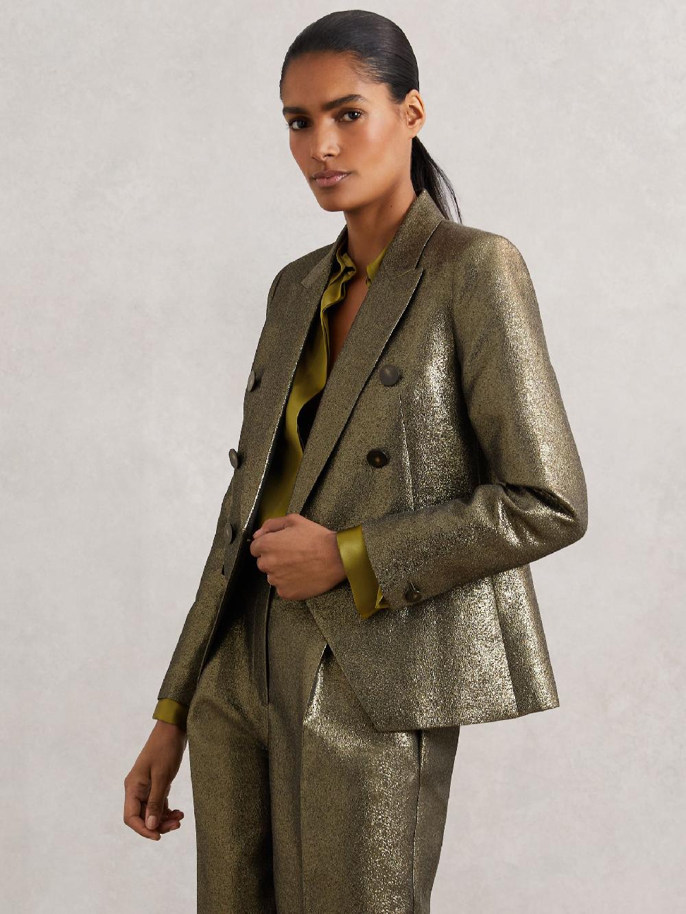 Reiss Petite Double-Breasted Metallic Suit Blazer With Cotton In Gold