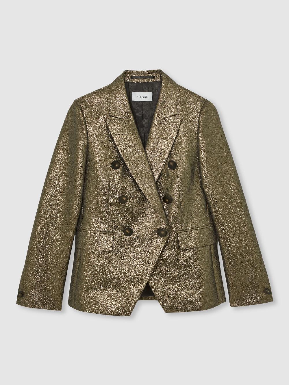 Reiss Petite Double-Breasted Metallic Suit Blazer With Cotton In Gold