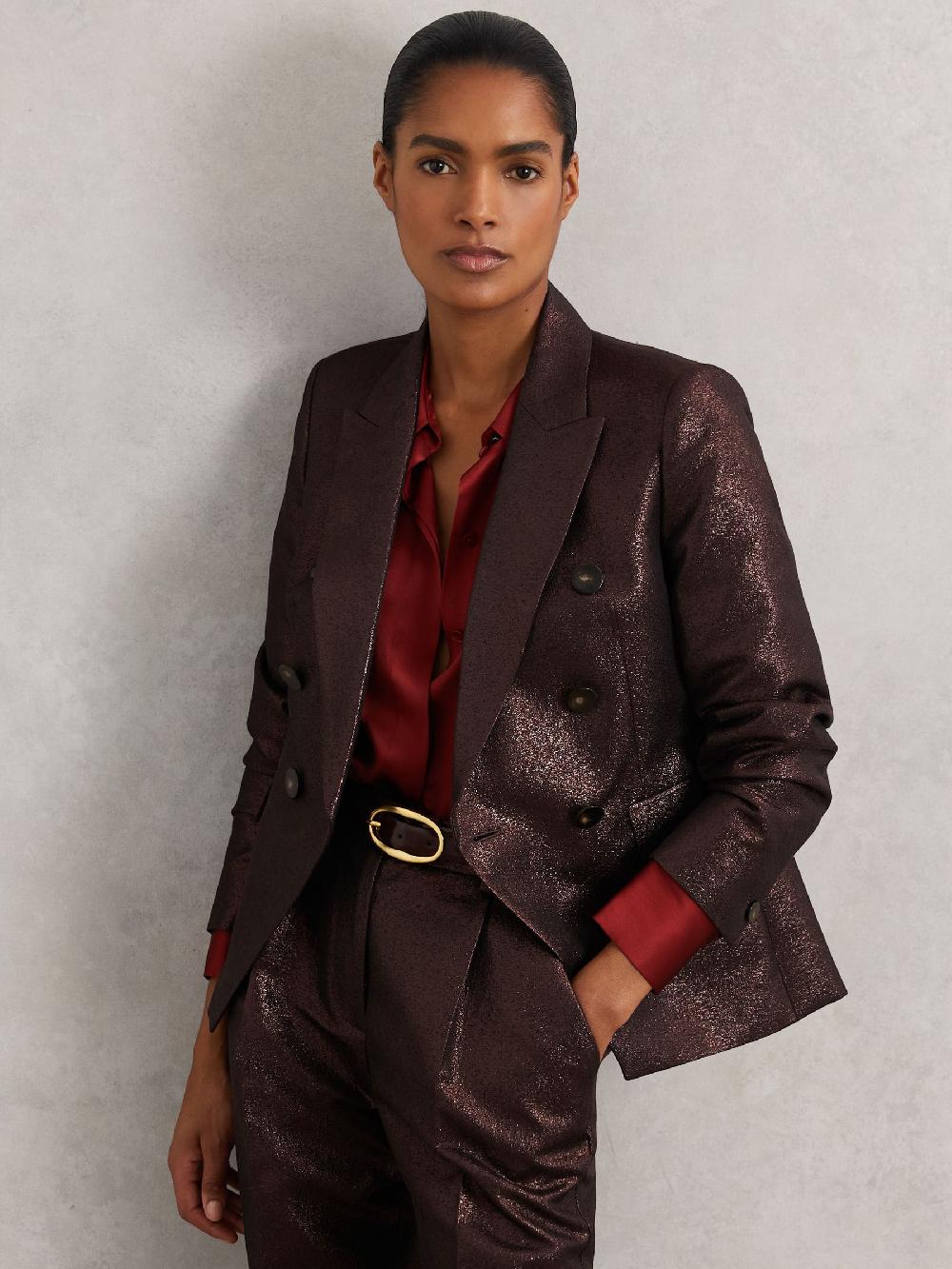 Reiss Petite Double-Breasted Metallic Suit Blazer With Cotton In Burgundy