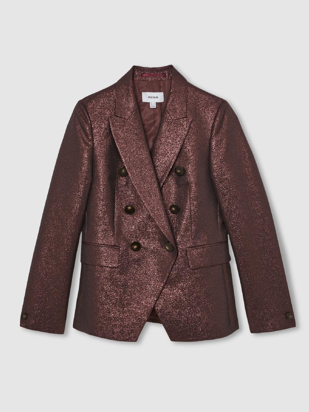 Reiss Petite Double-Breasted Metallic Suit Blazer With Cotton In Burgundy