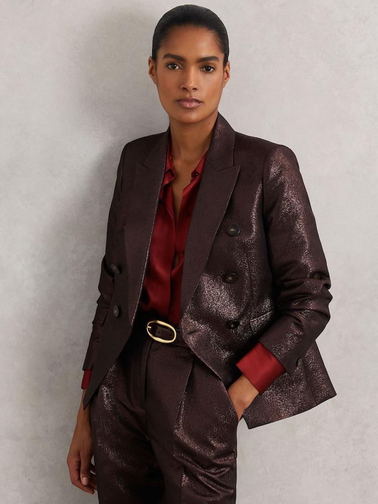 reiss Petite Double-Breasted Metallic Suit Blazer with Cotton in Burgundy