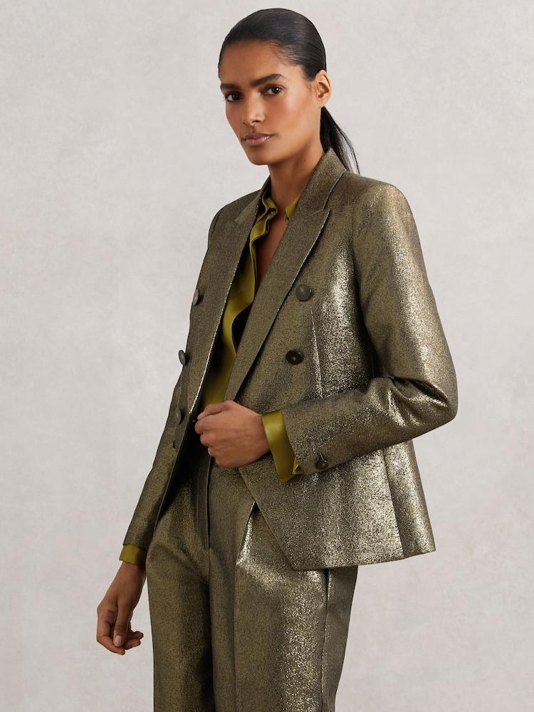 reiss Petite Double-Breasted Metallic Suit Blazer with Cotton in Gold