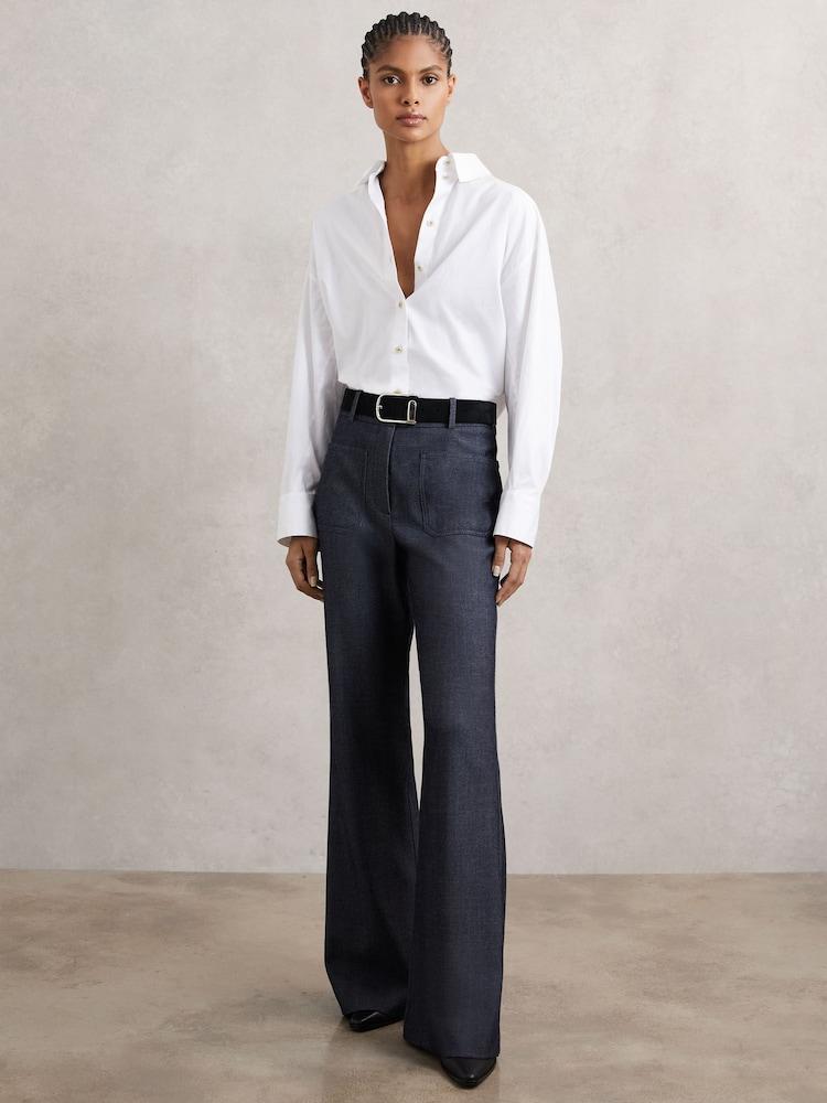 reiss Petite Flannel Patch-Pocket Flared Trousers with Wool in Blue