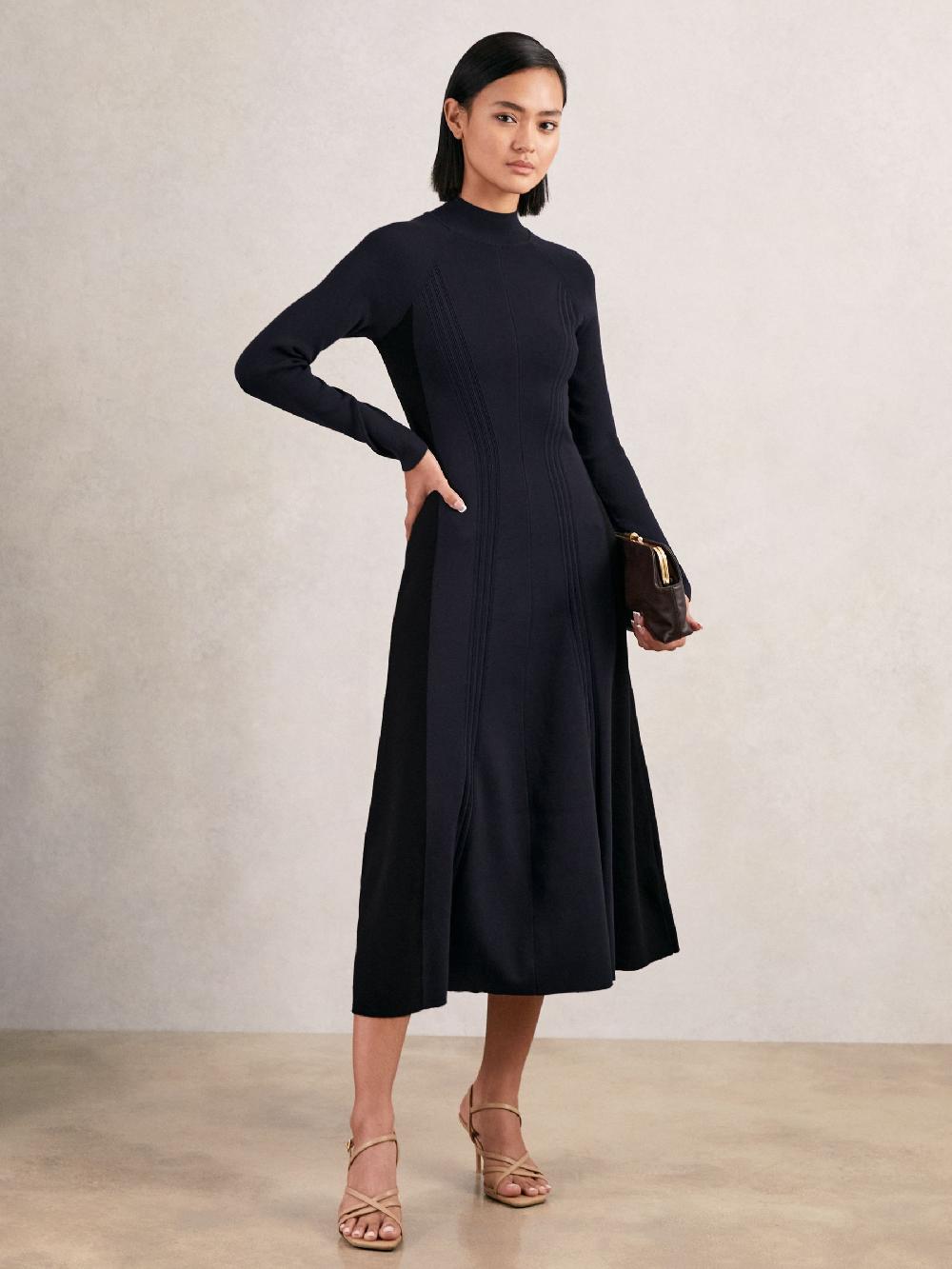 Reiss Petite Knitted Contrast-Panel Midi Dress In Navy/Black