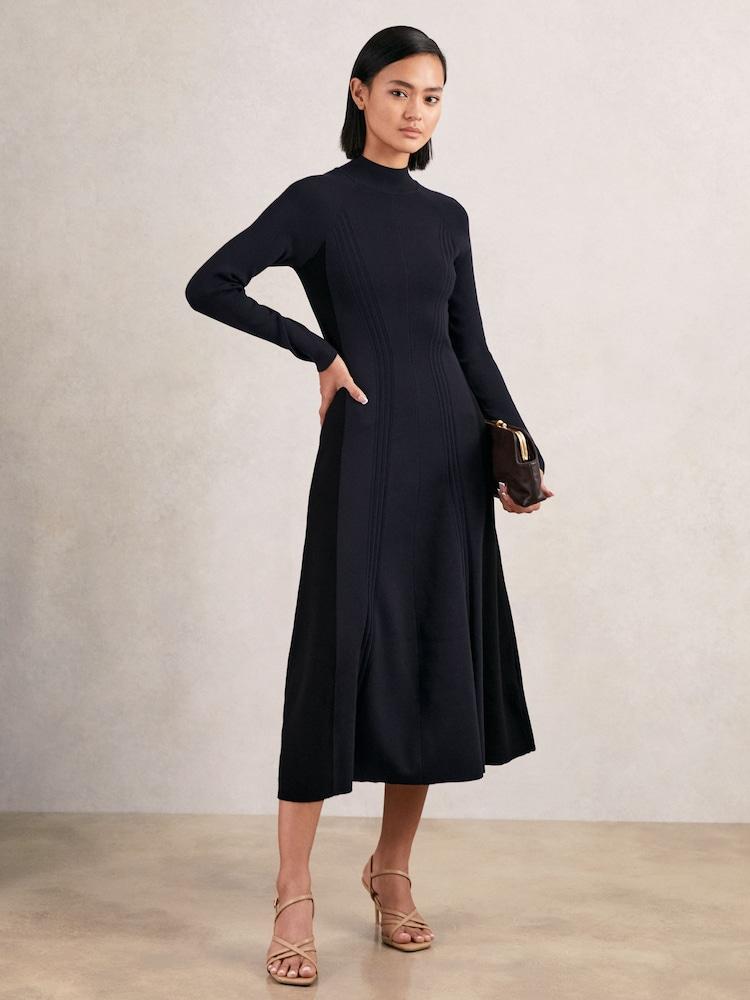 reiss Petite Knitted Contrast-Panel Midi Dress in Navy/Black