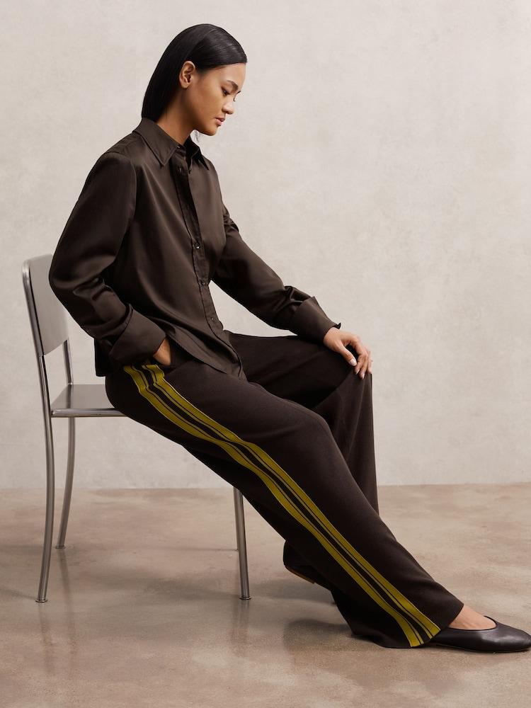 reiss Petite Knitted Side-Stripe Wide-Leg Trousers in Berry