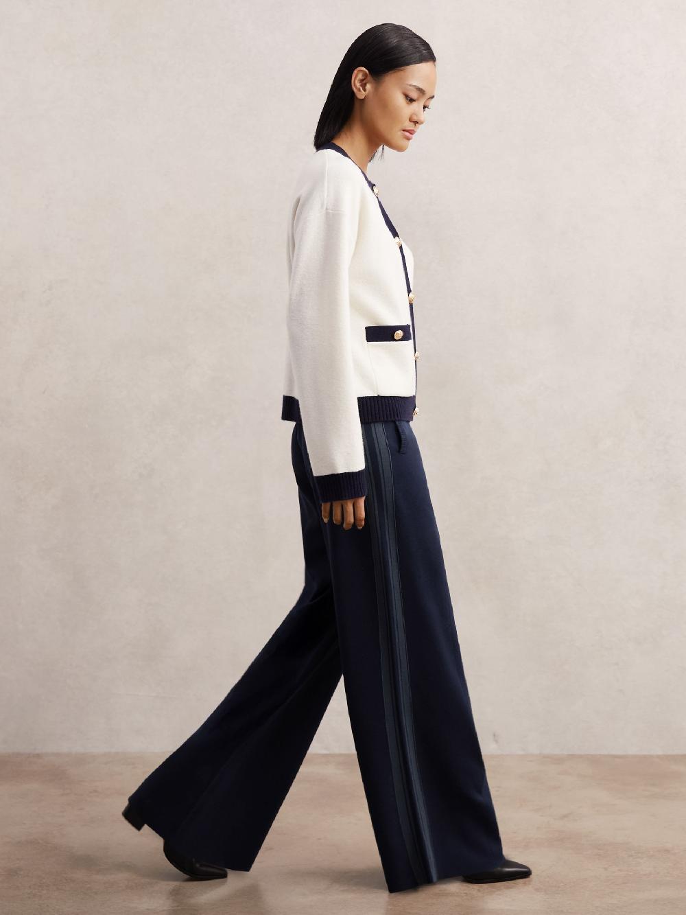 Reiss Petite Knitted Side-Stripe Wide-Leg Trousers In Navy