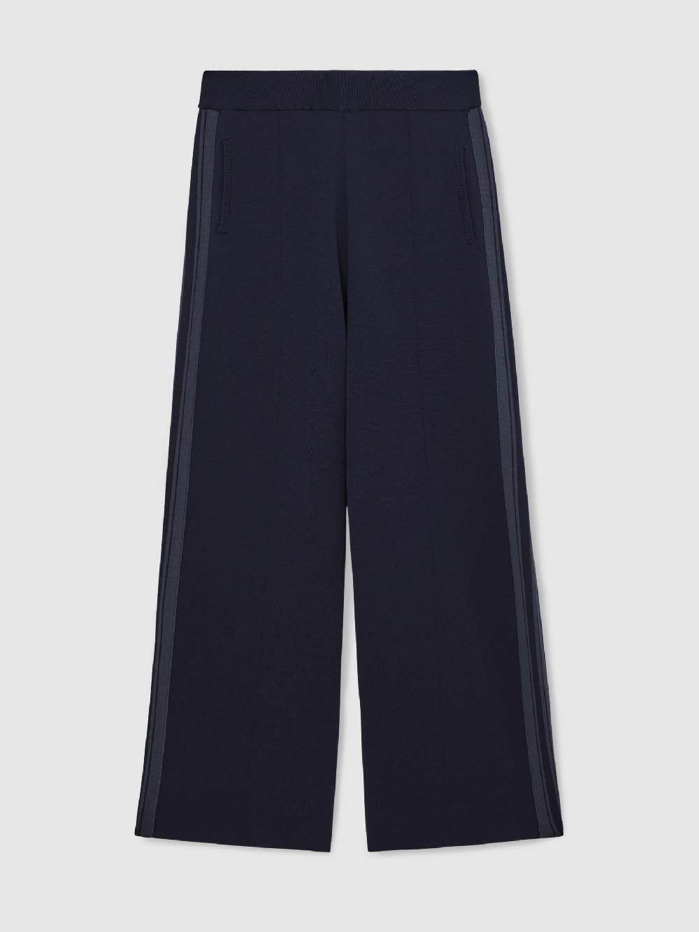Reiss Petite Knitted Side-Stripe Wide-Leg Trousers In Navy
