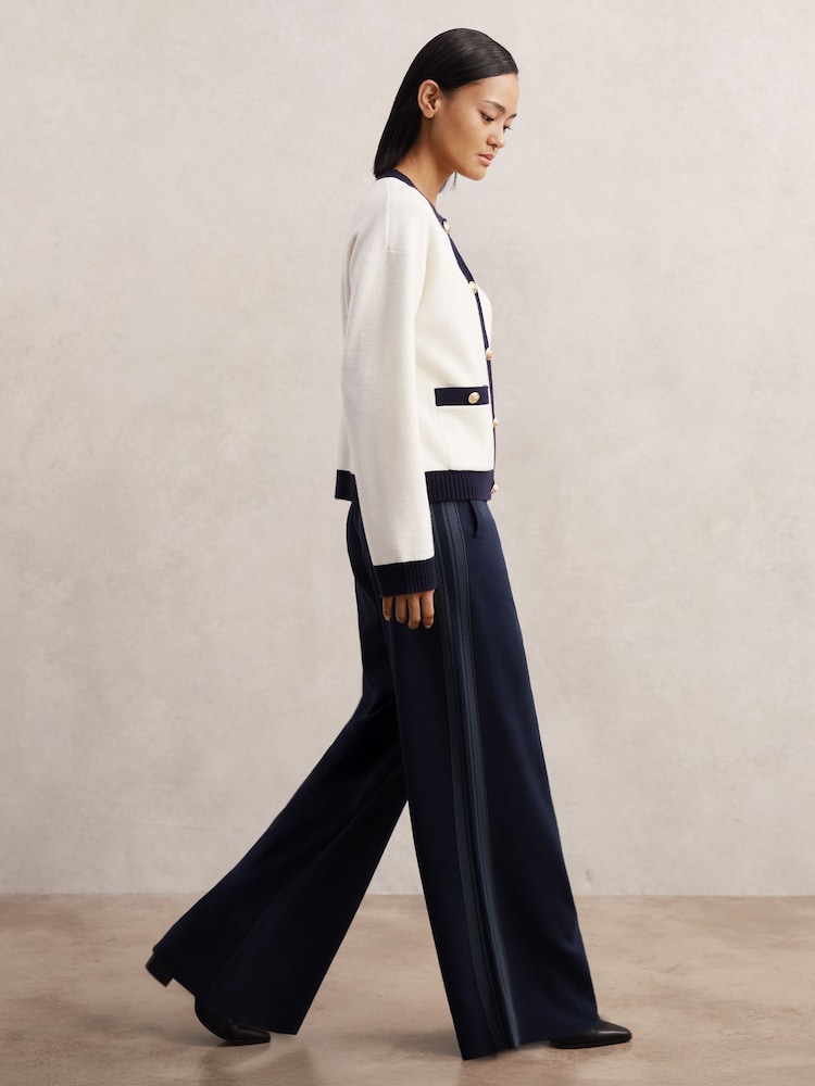 reiss Petite Knitted Side-Stripe Wide-Leg Trousers in Navy