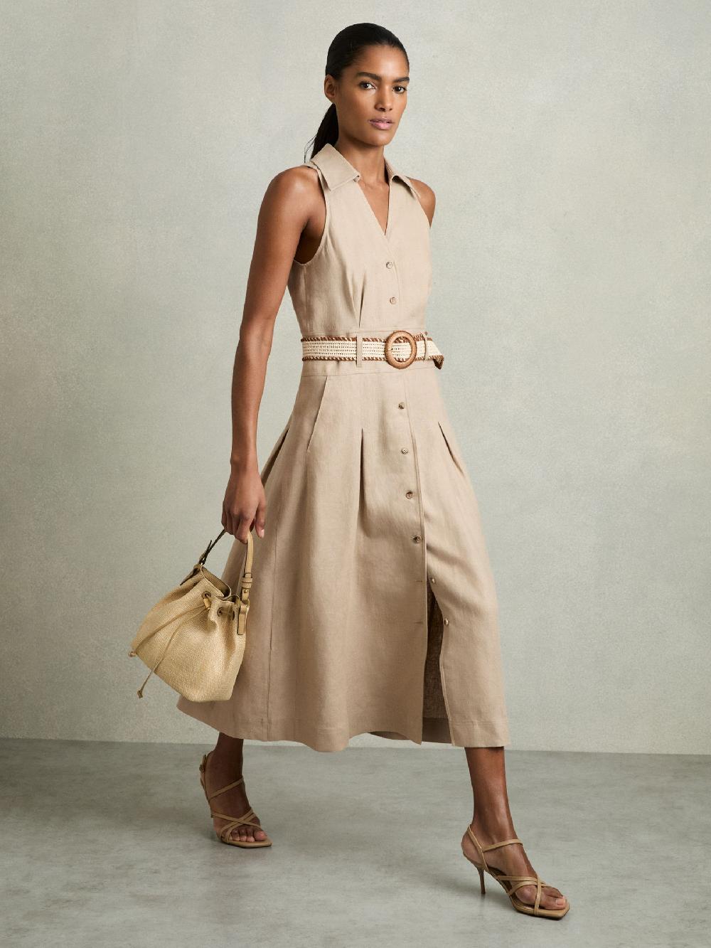 Reiss Petite Linen Belted Sleeveless Midi Dress In Neutral