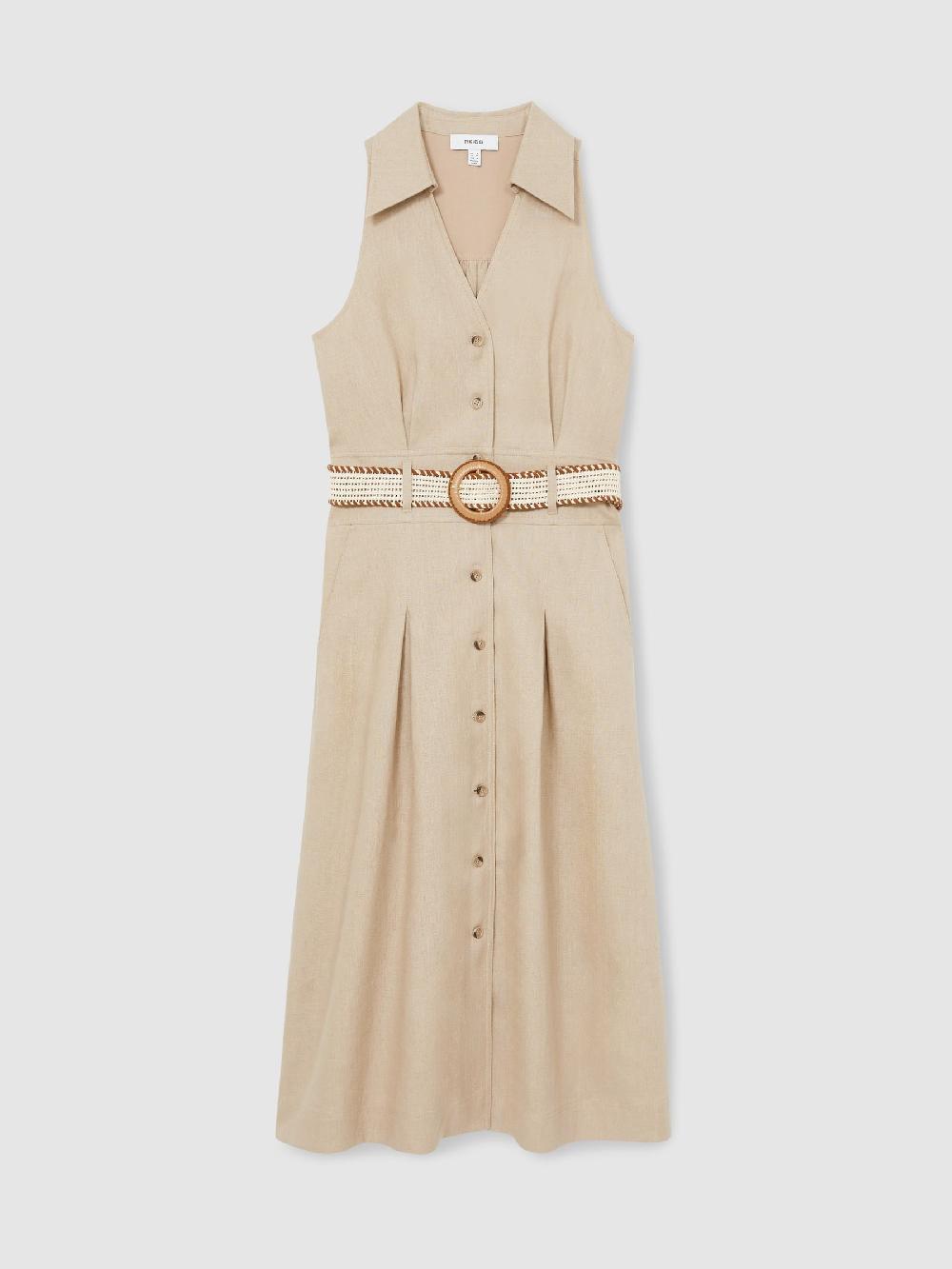 Reiss Petite Linen Belted Sleeveless Midi Dress In Neutral