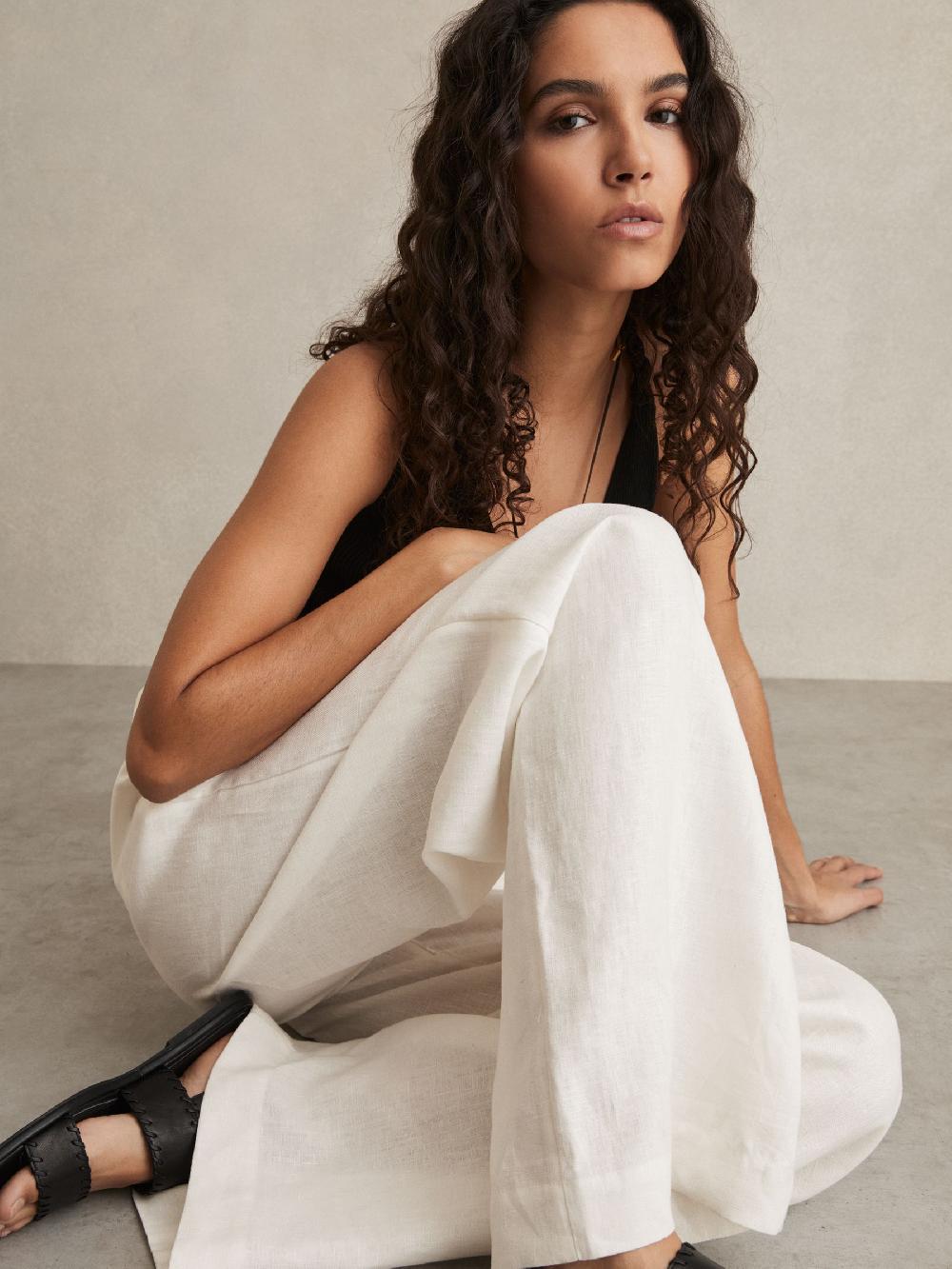 Reiss Petite Linen Belted Wide-Leg Trousers In White