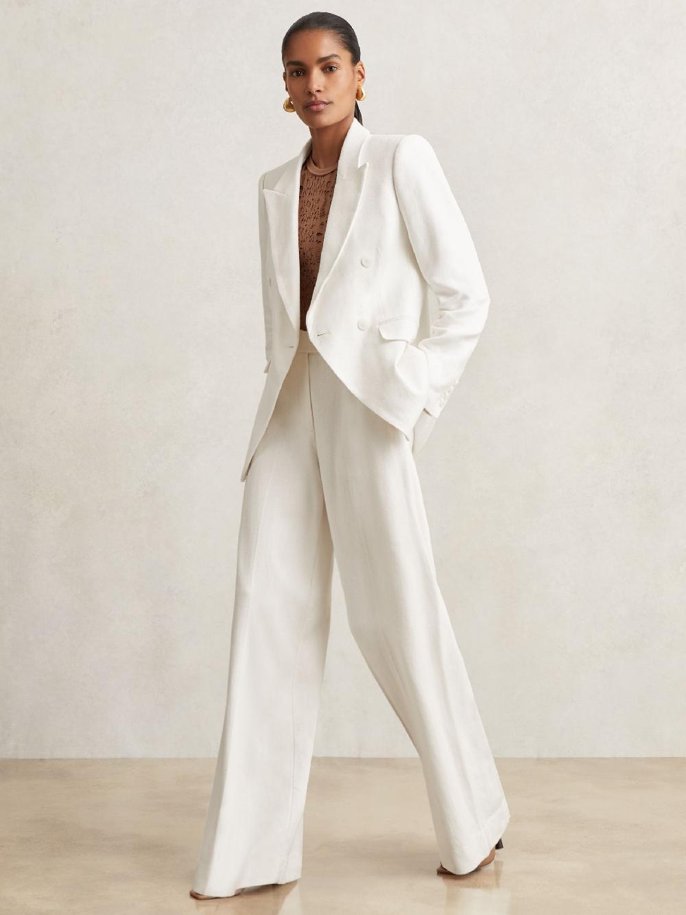 Reiss Petite Linen-Blend Double-Breasted Suit Jacket In White