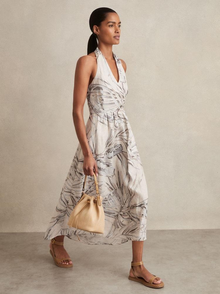 reiss Petite Linen Palm Print Halterneck Midi Dress in Neutral